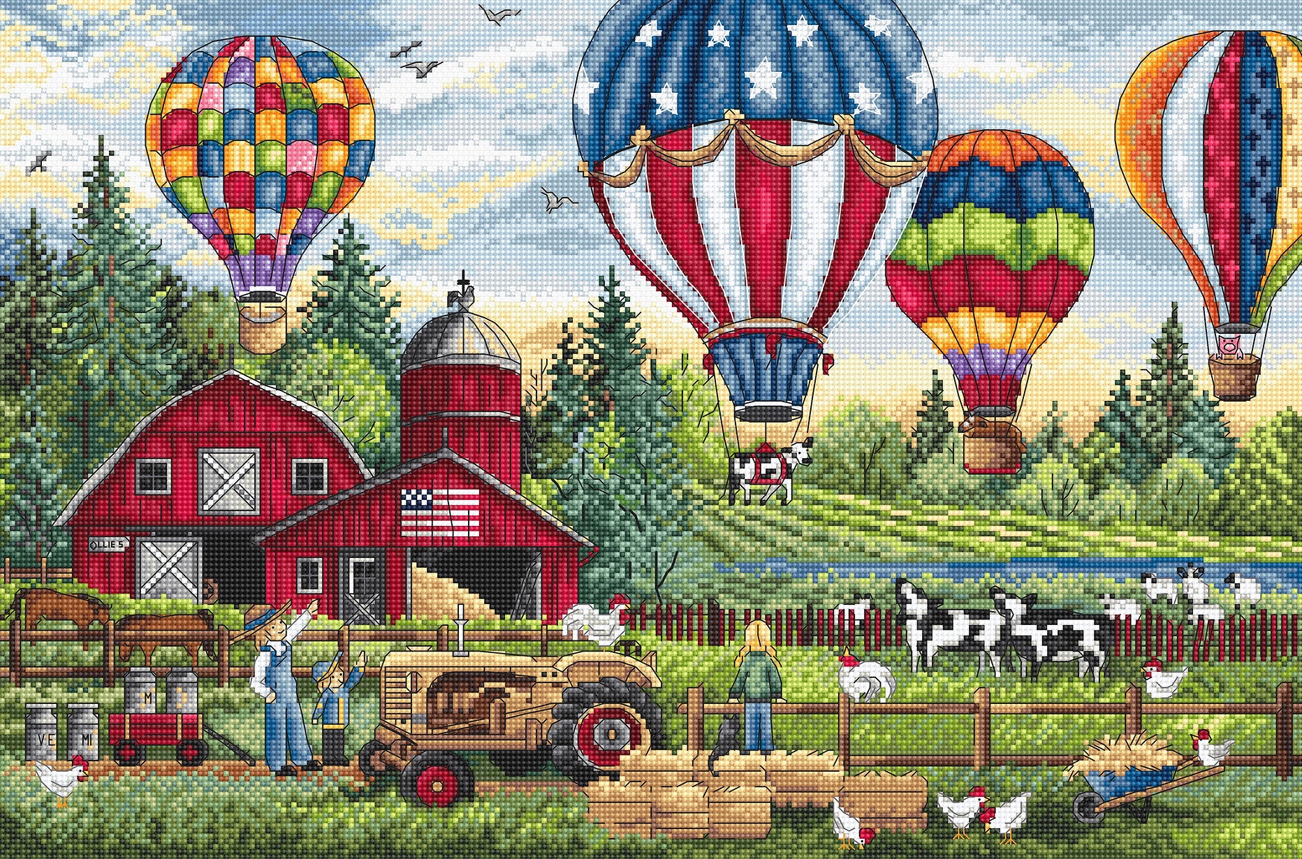 Up Up and Away L8048 Counted Cross Stitch Kit featuring colorful threads, Aida canvas, and detailed instruction chart.